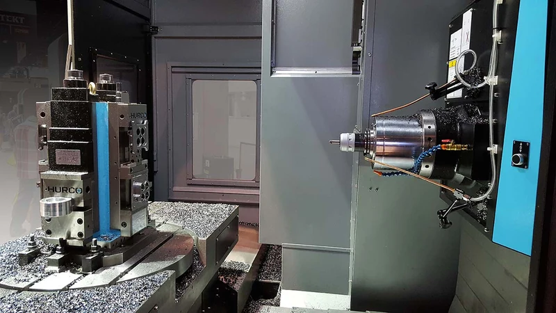 Close-up of a Hurco horizontal machining center spindle with tooling attached