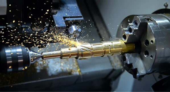 CNC lathe turning a brass workpiece with sparks flying